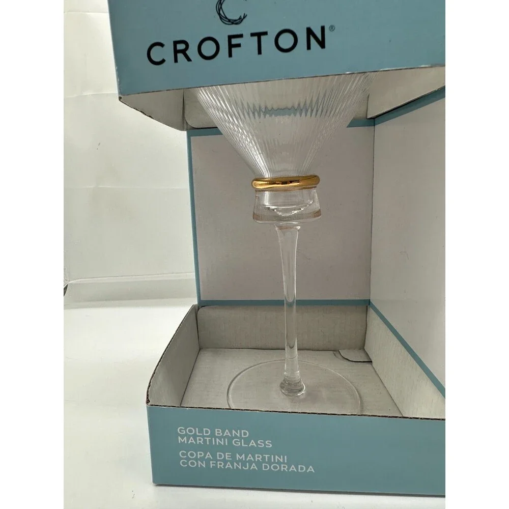New Set Of 2 CROFTON Ribbed Gold Band MARTINI GLASSES NIB